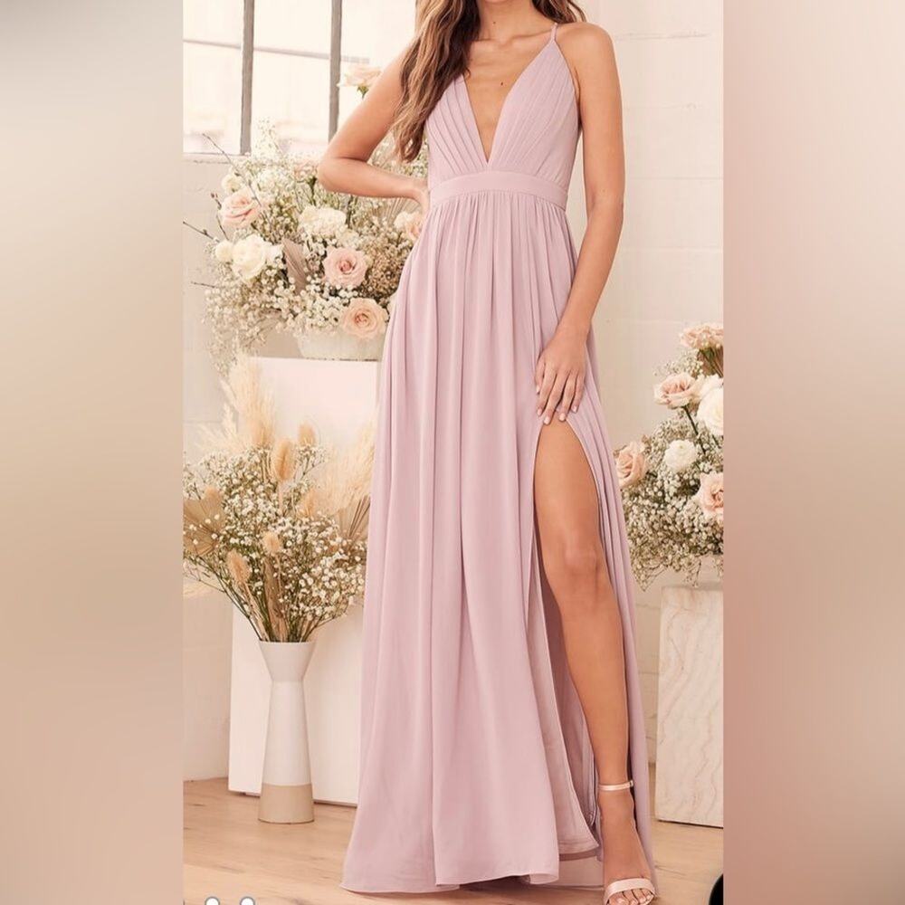 Lulus Dusty Lilac Pleated Chiffon Maxi Dress Bridesmaid Formal NWT Sz L